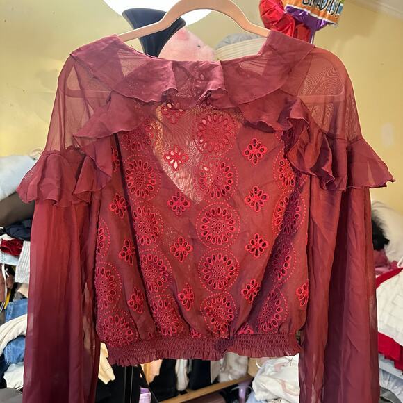 NWT Free people Life's A Party Blouse Wine‎ Red Burgundy Size XS Lace Sheer - Picture 9 of 13